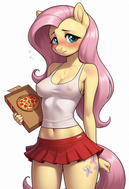 score_9, score_8_up, score_7_up, score_6_up, realistic illustration, dramatic angle, solid color background, simple background, white background,
1girl, solo, Fluttershy (mlp), (anthro pony), 18 yo, tail, petite body, shiny skin, medium perky breasts, erect nipples, cleavage, navel, naked shoulders,
tank top, mini skirt, no panties, pizza delivery uniform,
dynamic pose, holding a pizza box, 
shy, blush, blushing, embarrassed,