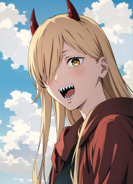 csm anime style, 1girl, horns, solo, teeth, sharp teeth, sky, open mouth, cross-shaped pupils, long hair, cloud, hair over one eye, looking at viewer, demon horns, blue sky, day, outdoors, yellow eyes, hood, blonde hair, anime coloring, red horns, cloudy sky, jacket,  ((masterpiece))    <lora:csm_anime_style_offset:1>