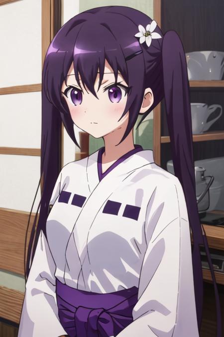 best quality, masterpiece, highres, solo, {white kimono:1.35}, {red hakama:1.35}, {wide sleeves:1.20}, {tedeza_rize_istheorderarabbit:1.15}, purple_hair, long_hair, twintails, purple_eyes, bangs, hair_ornament, blush, hairclip, hair_between_eyes, closed_mouth, indoors