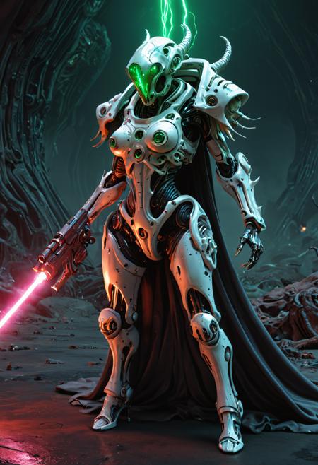 A fully enclosed robed biopunk mechsuit. A merge of a lovecraftian monster, elf princess and spacemarine. The mechsuit is a mix of neon colors and grim moody aesthetic. Dynamic pose seductive pose, holding a large scifi laser weapon. Full length image. Background is alien landscape on an alien planet. <lora:EpicF4nta5yXL:0.35> . award-winning, professional, highly detailed . extremely high-resolution details, photographic, realism pushed to extreme, fine texture, incredibly lifelike, high contrast, well defined, <lora:Zariman_PONY:1>