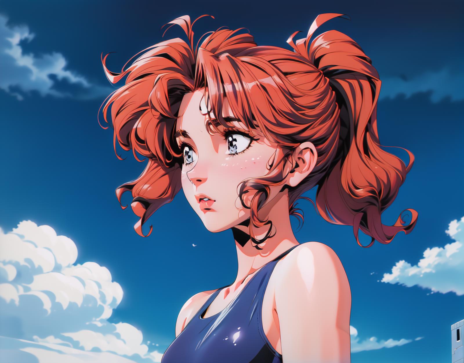 A cartoon woman with red hair and a blue tank top looking at the camera.