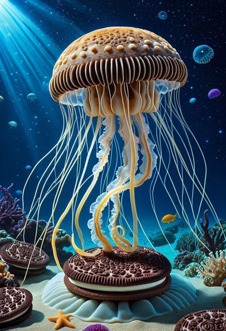 Sweet Delight, ((Jellyfish)) made of creamy cookies, ethereal sea, underwater dreamscape, stars, sealife, otherworldly, striking, lively colors, intense colors, picturesque, masterwork, exemplar quality, global illumination, SFW, PG, exquisite detail, digital art, dw01-3400