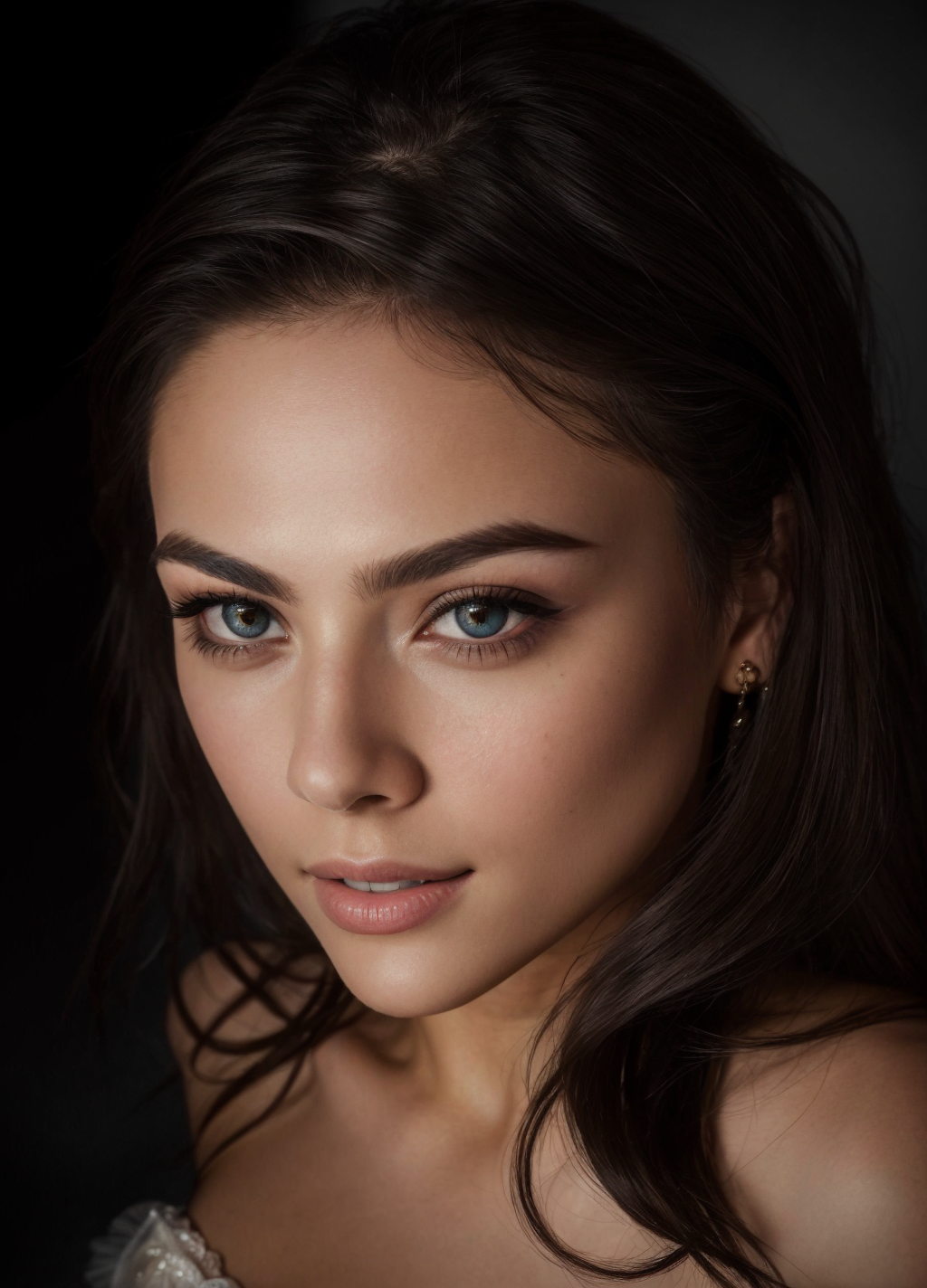 1Girl, upper body photo, professional head shot, perfect eyes, highly detailed beautiful expressive eyes, detailed eyes, glamorous hair, perfection gorgeous smile, light makeup, wearing  strapless  corset, cleavage,  good atmosphere. large depth of field, deep depth of field, (8k, RAW photo, best quality, depth of field, ultra high res:1.2), intricate, photorealistic, masterpiece, ultra-detailed), crisp, vivid lighting