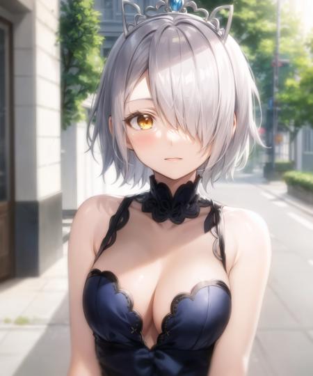 masterpiece, best quality, <lora:CharWestia768V1:0.7>, 1girl, charwestia, short hair, white hair, hair over one eye, yellow eyes, upper body, tiara, blue dress, sleeveless dress, street