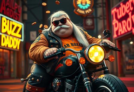 Buzz Daddy is a larger-than-life character with a Harley biker edge. His chubby, bulky build contrasts with his rugged style—dressed in a leather-studded corporate tracksuit with psychedelic accents, and a standout orange piece reading “The Road to Torino.” A buzz coin-shaped yogurt buckle and long, straight white hair complete his look. His thick, bushy Harley-style mustache and beard add a tough, custom flair, while his Ray-Ban Wayfarer goggles reflect the electric glow of neon signs. Buzz Daddy mischievously tosses stacks of Buzz coins, embracing his rebellious energy.
In this Harley custom scene, Buzz Daddy sits atop a roaring, custom Harley motorcycle, with the open road around him. The gritty alleyway setting is bathed in neon lights, adding to the vibe of freedom and adventure. His name, “Buzz Daddy,” is emblazoned in bold cinematic lettering on the side of his bike or a nearby glowing billboard, blending digital art with biker culture. The composition is surreal and playful, reflecting Buzz Daddy’s meme-driven persona, amplified by artistic influences from aidmafluxpro1.1, aidmaMJ6.1, and aidmahyperrealism, creating an unforgettable visual of his larger-than-life presence.