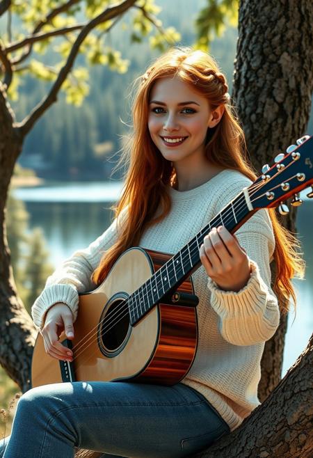 A surreal and hyper-realistic scene featuring a classical beauty with beautiful ginger hair, wearing blue jeans and a white jumper. The intricate details of her attire are highlighted, set against a dreamy, ethereal lake background. The scene is illuminated with soft, magical lighting, enhancing the otherworldly and enchanting atmosphere, sitting in a tree overlooking the forest and lake, playing an acoustic guitar. It is sunny.
surreal, hyper-realistic, classical beauty, blue jeans, white cozy jumper, beautiful (deep dark brown) eyes, pale white skin, pale skin, intricate details, dreamy background, ethereal, warm magical lighting, warm lighting, enchanting, visually stunning, high quality, detailed, sharp clarity, breathtaking, elegant, graceful, relaxed, small gentle smile, cute, redhead, sexy, cute hairstyle with some small cute braids and flowing hair, 
looking at viewer, long hair, pretty girl, small medium breasts, beautiful girl, holding an acoustic guitar, playing an acoustic guitar,