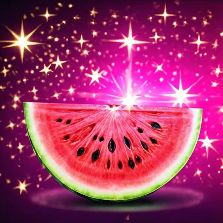 Black to purpure gradient background, Pink transparent watermelon silhouette, lightning centered, close-up, golden stars, magic, casting spell