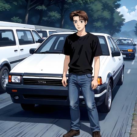 TakumiFujiwara,1boy,short hair,brown hair,black eyes, t-shirt,jeans pants, AE86,car,