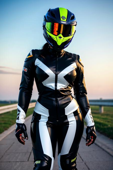 biker, a woman, biker suit, curvy, helmet <lora:biker:1>