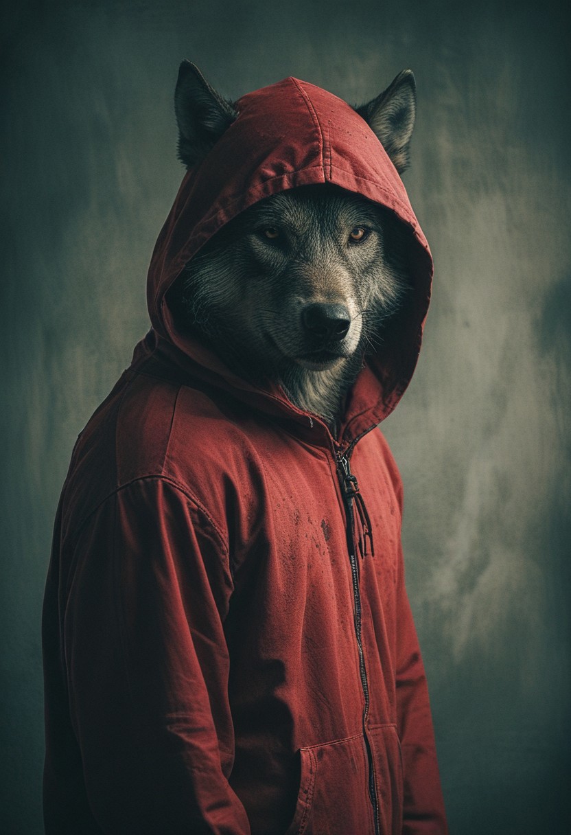 a wolf in red hood clothing, studio background, high-contrast palette, subtle grain, cinematic quality, modern art photograph