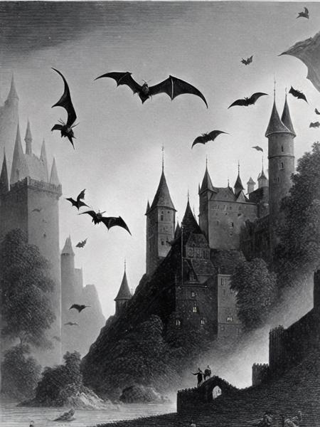 <lora:GustaveDor:1>a black and white painting of bats flying over a castle with a man on top of it by Gustave Dor