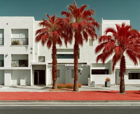 there are two palm trees that are standing in front of a building, a colorized photo by Ricardo Bofill, featured on cg society, synchromism, red trees, colorful otherworldly trees, pink trees,  <lora:Redia_yiu_v10:0.6>