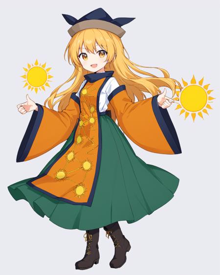 matara okina,1girl, tabard, solo, hat, orange_cape, brown_headwear, green_skirt, open_mouth, black_headwear, wide_sleeves, long_sleeves, boots, constellation_print, detached_sleeves, orange_sleeves, sun_symbol, smile, looking_at_viewer, standing, white_shirt, constellation, white_background, thumbs_up, black_footwear, simple_background, triangle_mouth, full_body
<lora:matara_okina_image1460_2023-12-20-000014:1>,star-shaped_pupils,symbol-shaped_pupils,. gorgeous,key visual, vibrant, studio anime,award-winning, professional, highly detailed,high budget, cinemascope