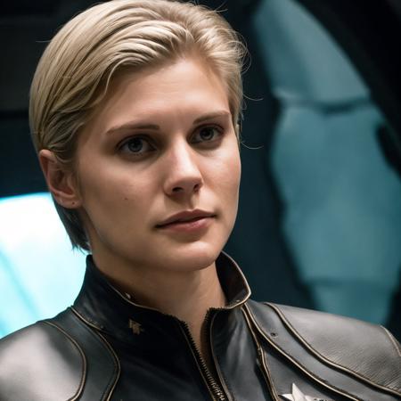 Starbuck, RAW photo, a closeup portrait photo of 25 y.o woman, dressed with a leather jacket, spaceship pilot, inside a spaceship, (high detailed skin:1.2), 8k uhd, dslr, soft lighting, high quality, film grain, Fujifilm XT3 <lora:Starbuck:0.7>