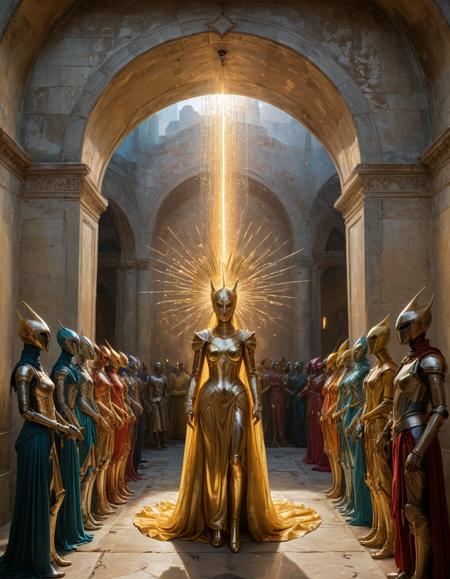 Close-Up, An ethereal painting of a golden horn-shaped portal surrounded by a surrealistic array of mannequins, their vibrant colors harmonizing with the luminous glow of the celestial gateway. In the foreground, a mysterious figure clad in metallic armor and an enigmatic veil appears to be conducting the ceremony of two life-like mannequins embracing one another under the archway's radiant beam, (beautiful composition, award winning hyperrealistic digital art, extremely high-resolution details, realism pushed to extreme, fine texture, incredibly life like, crisp, clear, sharp, clear foreground and background, hyperrealistic detailed image, infinite focus, clear and detailed throughout, wide angle view:1.1)