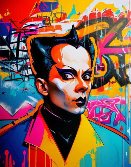 portrait of (klaus nomi) <lora:diffusiondesign_KlausNomi_LoRA_1.09:0.9>, graffiti art, urban background, vivid colors, spray paint texture, inspired by Jean-Michel Basquiat, 4K UHD, digital painting, raw energy, powerful strokes <lora:epiNoiseoffset_v2:0.5>