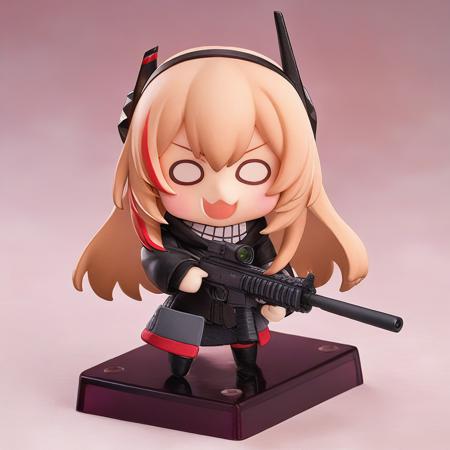 0w0, 1girl, m4_sopmod_ii_jr, girls'_frontline, chibi, minigirl, big head, multicolored hair, headgear, red hair, open mouth, looking_at_viewer, nendoroid, standing, holding_weapon, m4_carbine, assault_rifle, aiming_at_viewer, aiming, 
chibi, solo, 
masterpiece, best quality,