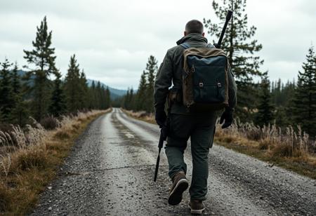 Dayz survivor walking down a road with Namalsk. No text