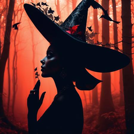 A striking silhouette of a woman, side profile, wearing an oversized witch's hat adorned with intricate details. Her face is illuminated by a soft glow, contrasting with the dark, haunting forest scene within her silhouette. The red-glowing trees, flying creatures, and shadowy figures create an eerie atmosphere. The woman's delicate hand is placed near her chin, as if she is contemplating the mysterious and enchanting world around her.