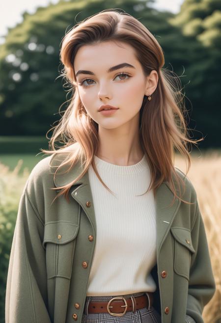 1woman, nostalgic portrait photography, candid style, natural lighting, British youth culture, intimate atmosphere, unposed subjects, subtle color grading, soft focus, fashion editorial, vintage tones, outdoor setting, minimalist backdrop, raw and authentic