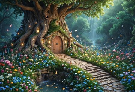 (Isekai anime style.Anime coloring.(0.9))In a whimsical world, a beautiful fairy garden blooms with vibrant flowers and sparkling fountains. A delicate, crystal bridge spans a gentle stream, leading to a majestic tree with leaves that shimmer like diamonds. A friendly, fluffy rabbit hops along the winding path, surrounded by fluttering butterflies and sweet, singing birds. The garden is filled with hidden treasures, like a tiny, glowing fairy door and a secret, shimmering cave. A soft, fluffy cloud drifts lazily across the sky, casting a warm, gentle shadow over the garden. The air is filled with the sweet scent of blooming flowers and the soft, soothing sound of gentle chimes. It's a peaceful, magical place where dreams come alive and wonder waits around every corner.master_class,master_piece,up_8,up_9,perfect beautiful,perfect beautiful early morning light.