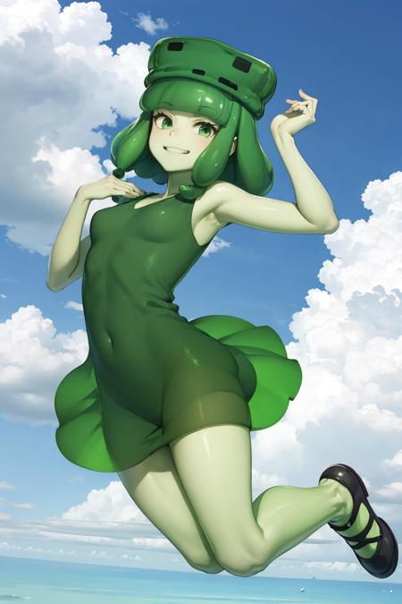 masterpiece, best quality, slim3, green skin, slime girl, green hat, green dress, medium breasts, looking at viewer, (jumping:1.6), in midair, from below, furrowed brow, smile, sky, clouds, field <lora:slime-nvwls-v1:0.9>