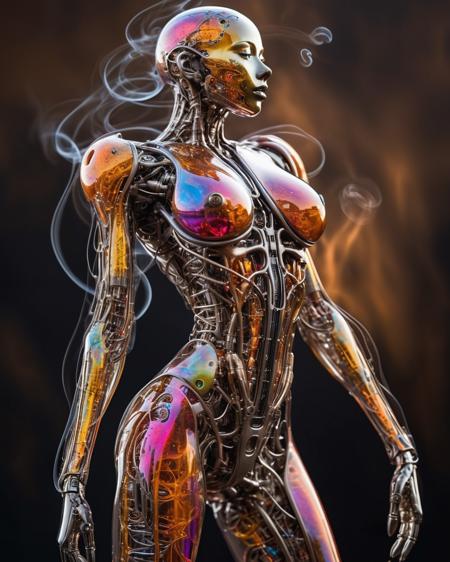 beautiful bioengineered creature with semi-transparent shiny skin, (detailed cybernetic implants fused with organic matter:0.5), (full body:1.8), sharp focus, (smoky background with intensely vibrant swirling colors:1.9), realistic photo, <lora:add-detail-xl:1.0>