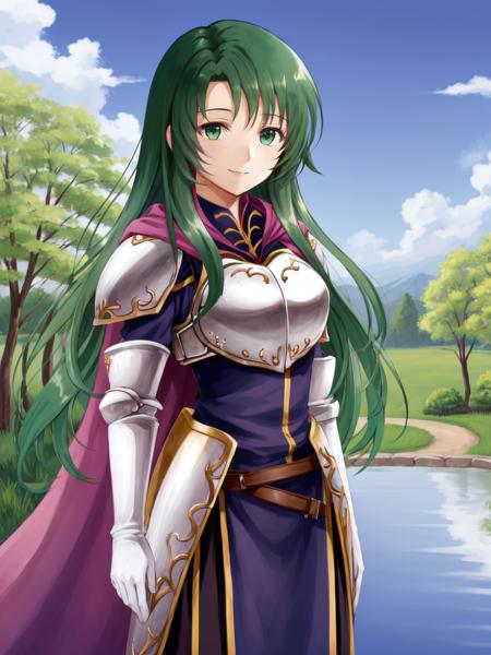 <lora:Cecilia_FE-10:0.9>, cecilia fe, 1girl, solo, smile, gloves, dress, sky, elbow gloves, belt, cloud, white gloves, cape, armor, tree, park, nature, pond, shoulder armor, pauldrons, breastplate, armored dress, purple cape