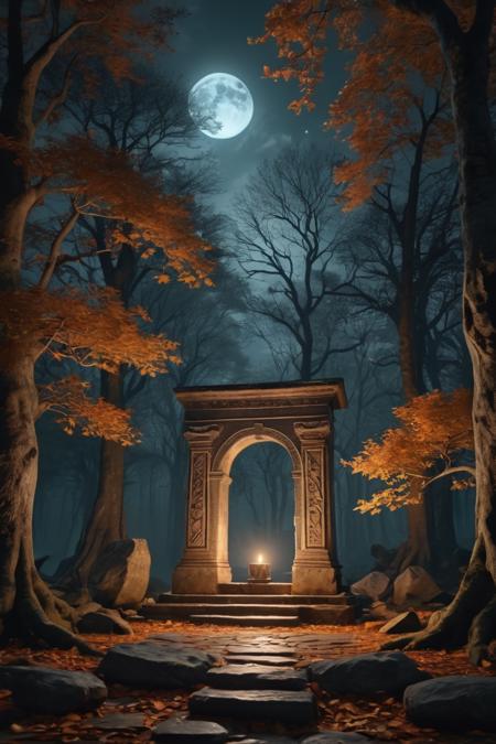 A mystical forest at night where the trees have glowing leaves, and ethereal spirits dance around an ancient stone altar, with a full moon casting a magical light over the scene. 8K