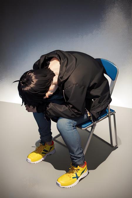 (masterpiece, best quality:1.2), <lora:concept_shinjichair-10:1>, solo, male focus, 1boy, shinjichair, sitting, head down, short black hair, hooded jacket, jeans, sneakers