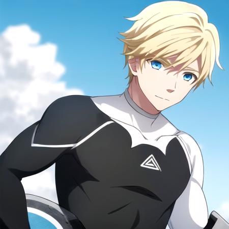 (((1boy, solo focus))), muscular male, bodysuit, black and white wetsuit, blonde hair, blue eyes, sho akitsuki <lora:Sho_Akitsuki_RT:0.6>, standing, (((facing viewer, looking at viewer))), wet, wet hair, wide shot, morning, beach, holding surfboard,