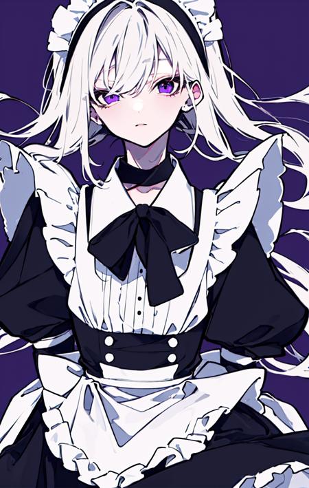 masterpiece, best quality, 1girl, solo, long_hair, looking_at_viewer, bangs, simple_background, long_sleeves, dress, hair_between_eyes, jewelry, closed_mouth, monochrome, upper_body, white_hair, frills, puffy_sleeves, fingernails, maid, maid_headdress, ring, black_nails, purple_background, <lora:style_mochikei:1>