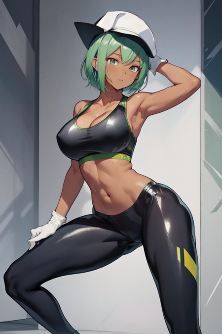 MightyR, 1girl, solo, green hair, black sports bra, short hair, navel, cleavage, gloves, white cap, large breasts, yoga pants, dark-skinned female, dark skin, midriff, bare shoulders, leggings, collarbone, 