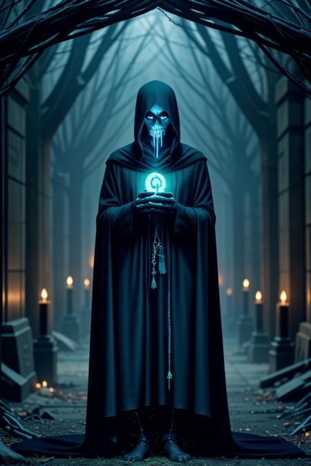<lora:LCM_LoRA_Weights_SD15:1>,<lora:detail_slider_v4:1.4>,(sinister lich) with glowing blue eyes, wearing a deep green tattered robe, shadowy leggings, enchanted shoes, clutching a forbidden tome with chains, surrounded by surrounded by a malevolent aura, set in crypt, hidden entrance, cold air, silence of the grave, an aura of mystery, at twilight,