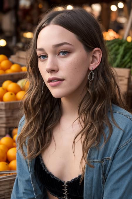 a detailed photo of a cute woman, fenn_victoria as a Singer, Heiress, Short, Skinny, Square Face, Fair Skin, Silver Hair, blue Eyes, Long Nose, Full Lips, Receding Chin, Long Hair, Curly Hair, Bouncy Curls, augmented breasts, Cuff earrings, black, velvet lipstick, sitting, in a market, full dynamic color, freezing, (8k, 85mm, DOF, RAW photo, highest quality, best quality, masterpiece, ultra-detailed, hires, absurdres), (photorealistic, hyper-realistic:1.2),<lora:epiNoiseoffset_v2Pynoise:1.0>