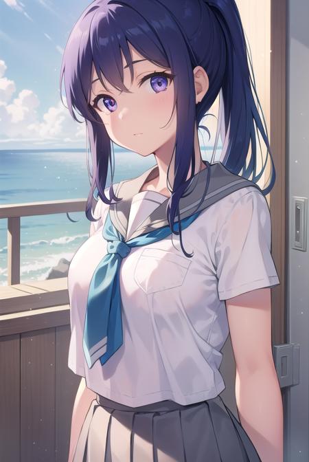 kananmatsuura, <lora:kananmatsuura-lora-nochekaiser:1>, 
kanan matsuura, blue hair, long hair, ponytail, (purple eyes:1.1), sidelocks, (medium breast:1.2),
BREAK aqua neckerchief, grey sailor collar, grey skirt, miniskirt, neckerchief, pleated skirt, sailor collar, sailor shirt, school uniform, serafuku, shirt, skirt, summer uniform, uranohoshi school uniform, white shirt,
BREAK looking at viewer, 
BREAK indoors, classroom,
BREAK <lyco:GoodHands-beta2:1>, (masterpiece:1.2), best quality, high resolution, unity 8k wallpaper, (illustration:0.8), (beautiful detailed eyes:1.6), extremely detailed face, perfect lighting, extremely detailed CG, (perfect hands, perfect anatomy),