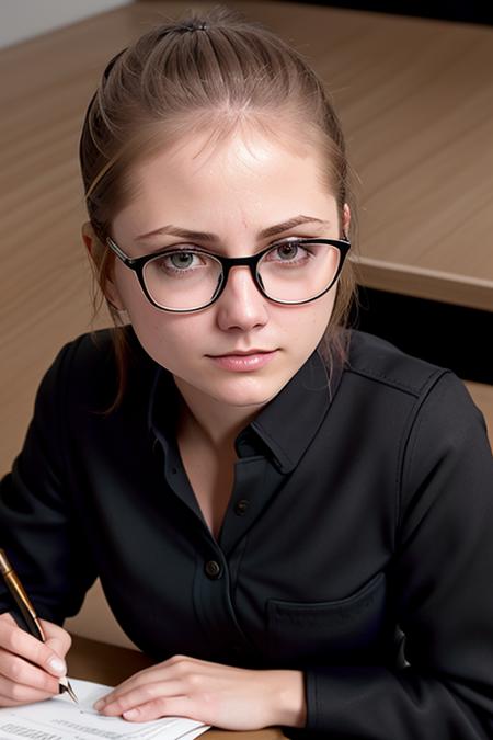 a photo of AM009_Camomile_v2,
30 years old woman, (black three-piece suit and shirt:1.4), glasses,
sitting at the counter desk with lot of business papers, <lora:LowRA:0.2>
soft light, golden hour, shoulder shot, (close up:1.5), 
4k textures, natural skin texture, skin pores, intricate, highly detailed, sharp focus, insane details, intricate details, hyperdetailed, hyperrealistic