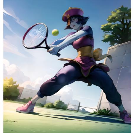 (claws), hsien-ko playing tennis, ofuda, tennis court, sneakers, tennis racket, <lora:Hsien-Ko_v1-2:0.85>