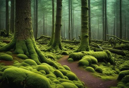photograph of a Magical fairytale forest. Coniferous forest covered of green moss. Mystic atmosphere.