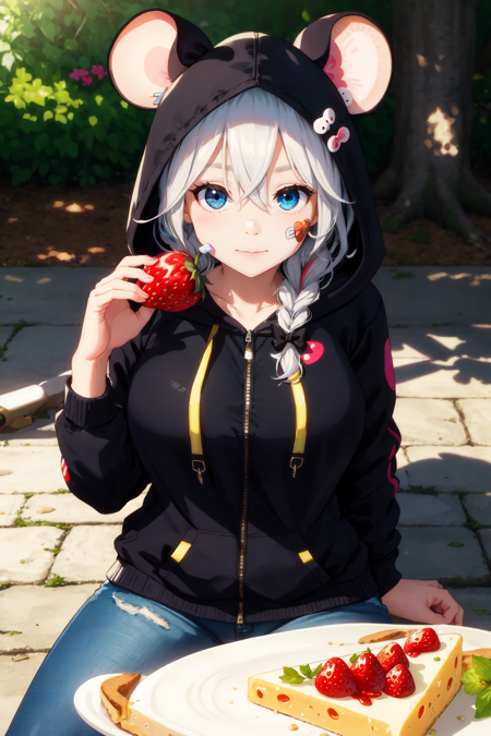 (masterpiece, best quality), 1girl, sitting, shadow, dappled sunlight, surreal, contemporary, mist,  long hair, looking at viewer, blue eyes, black hair, hair ornament, bow, animal ears, hair between eyes, muticolored hair, superhero style, large breasts, curvy, voluptuous, jacket, braid, white hair, red hair, food, hood, twin braids, streaked hair, hoodie, fruit, bandaid, hooded jacket, hood up, multicolored eyes, strawberry, mouse ears, bandaid on face, cherry, bandaid on nose, mouse girl, cheese, sticker, outdoors