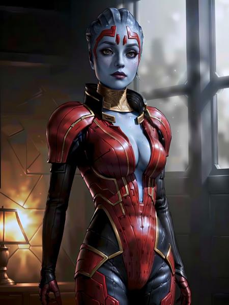 close up of masseffectsamara standing in a room, cute face, realistic armor materials, shiny armor, dramatic lighting, cinematic lighting, wallpaper, intricate, sharp focus, ray tracing, rtx, professionally color graded, professional photography, masterpiece, ultra detailed, high quality, top quality, best quality, 4k, 8k, raw <lora:masseffectsamara:0.56> <lora:add_detail:0.22>