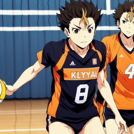 <lora:YuuNishinoya:0.6> Yuu Nishinoya masterpiece, best quality, ultra-detailed, illustration, 1boy, haikyuu!! nishinoya_yuu highres 1boy ball black_hair (blonde_hair )brown_eyes clothes_writing feathers footprints karasuno_volleyball_uniform male_focus (multicolored_hair) orange_shirt parted_lips playing_sports shirt short_hair simple_background solo sportswear ((streaked_hair))  volleyball volleyball_uniform white_background