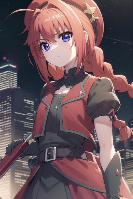 vita, blue eyes, braid, ahoge, red hair, twin braids, rabbit hair ornament, gloves, hat, dress, weapon, open clothes, open jacket, magical girl, red dress, cropped jacket, hammer,