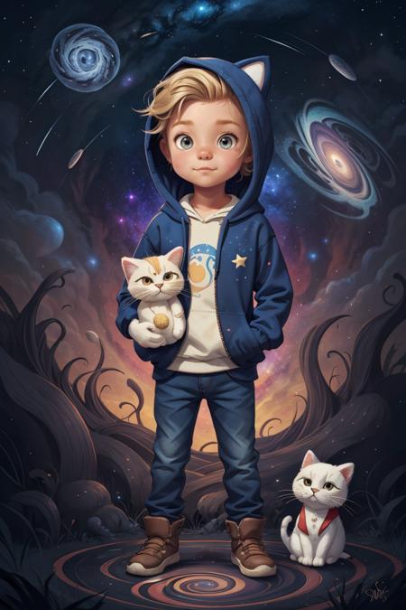 kid  with short wavy blonde hair wearing a hoodie, holding a stuffed cat. dreamlike, stars, swirls, galaxy, fantasy art,<lyco:GoodHands-beta2:0.5> ,unique composition