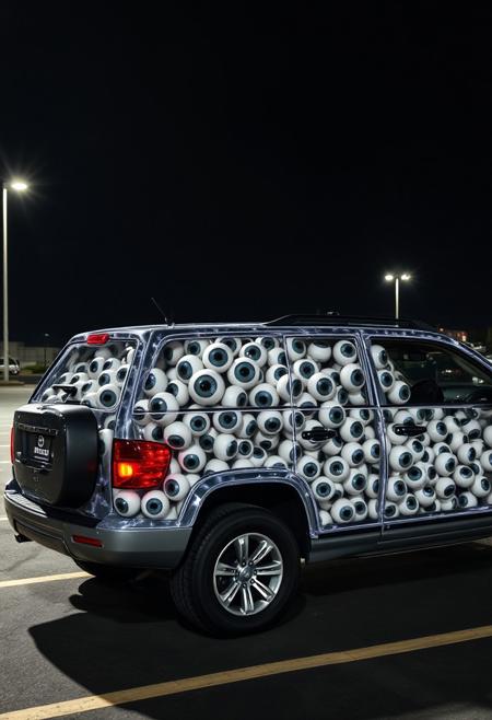 photo of a endless number of eyeballs filled a completely transparent SUV in the parking lot