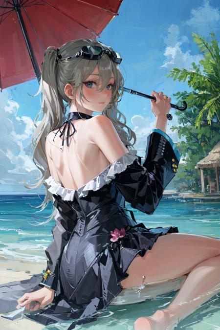 masterpiece, best quality, extremely detailed, detailed background, detailed face, 1girl, umbrella, solo, long hair, swimsuit, goggles, looking at viewer, twintails, holding, sitting, goggles on head, frills, holding umbrella, one-piece swimsuit, very long hair, frilled swimsuit, closed mouth, breasts, hair ornament, flower, bangs, water, looking back, outdoors, beach, hatsune miku, grey hair, hair flower, pink flower, bare shoulders, hair between eyes, skirt, white one-piece swimsuit, casual one-piece swimsuit