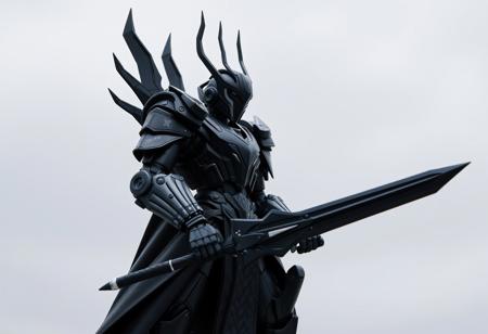 Create a high-definition image of a robot on a Black Luster Ritual, wearing heavy black obsidian armor inspired by Charles Fremont Conner. The robot holds a black sword and possesses cryokinesis. The image should be symmetrical, with micro details and lifelike features. The style should be reminiscent of IDW MTMTE TFWiki and Transparent Labs. The output should be a high-quality image suitable for an official details photo, similar to those found on ArtStation or eBay listing thumbnails.