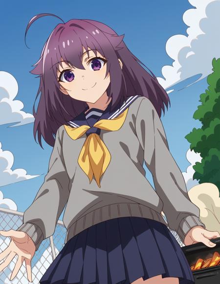 anko koshi, long hair, bangs, purple eyes, purple hair, ahoge, hair flaps, skirt, long sleeves, school uniform, pleated skirt, serafuku, sailor collar, sweater, blue skirt, neckerchief, yellow neckerchief, grey sweater