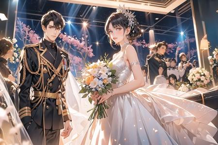 (masterpiece:1.2),(masterpiece, top quality, best quality),highres,original,dynamic pose,
1 girl, 1 boy, flowers, black hair, evening gown, dress, military uniform, military uniform, bouquet, long hair, hair accessories, earrings, military uniform, shirt, holding bouquet, white flower, holding, straight, white shirt, pink flower, looking at the audience, short hair
<lora:hunli:0.5>