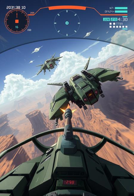A cockpit view of a flying mech chasing another flying mech through a canyon.  A HUD displaying velocity, mech status, weapon status, as well as other things that are relevant.  A missile fired by the mech piloted by the viewer is closing in on the mech that is being chased.  Not cartoony or anime at all.  The image should be gritty and realistic looking as possible.